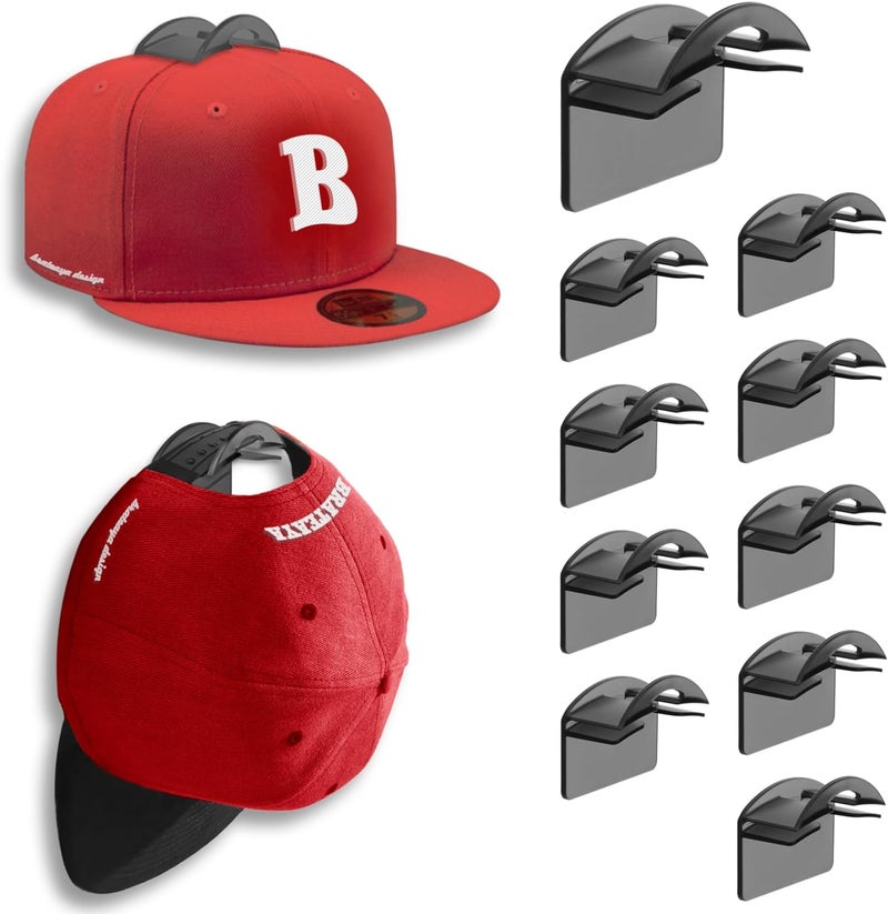 BRATEAYA Hat Hangers for Wall, Stronge Adhesive Hat Holders Display, No Driling Caps Holder Organizer, 10 Pack Hat Hook for Baseball Caps, Wall Mounted Cap Rack, Translucent Black - Image 1
